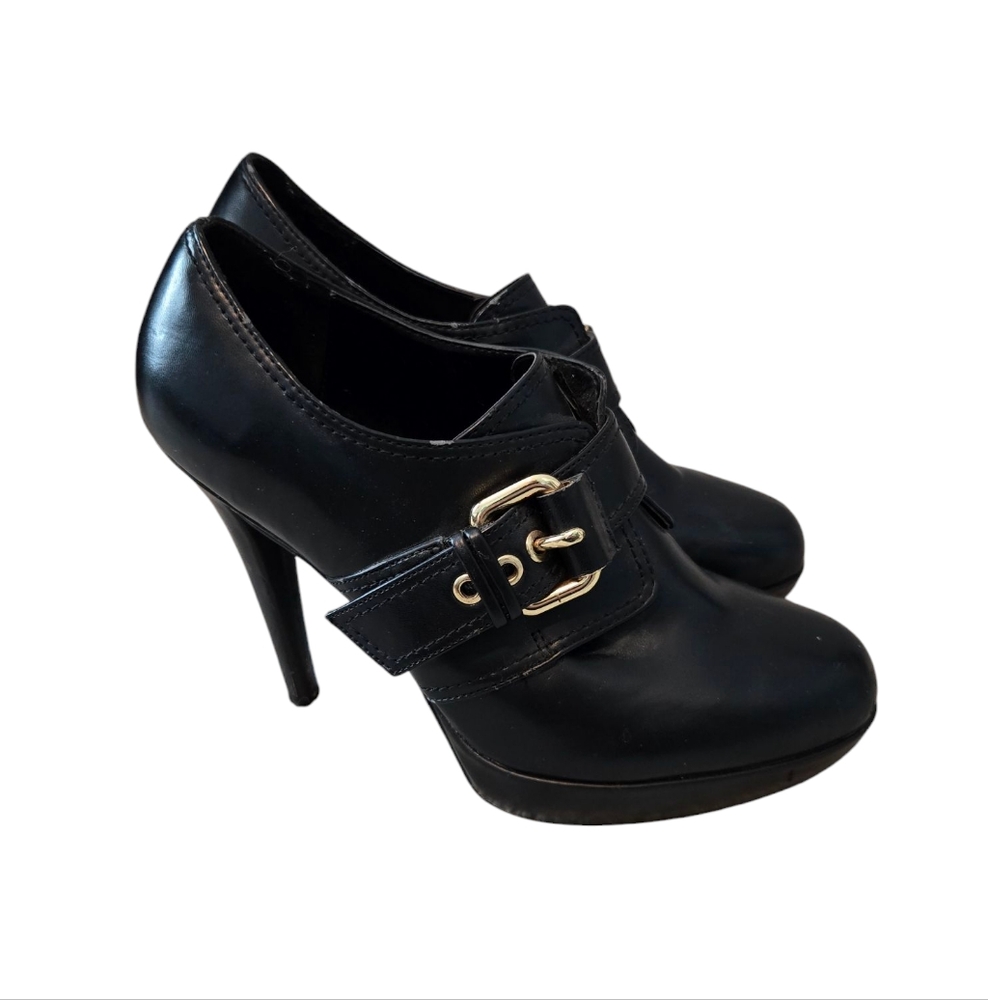 Cathy Jean Vintage Elegant Black Platform Booties With Gold Buckle Size 8